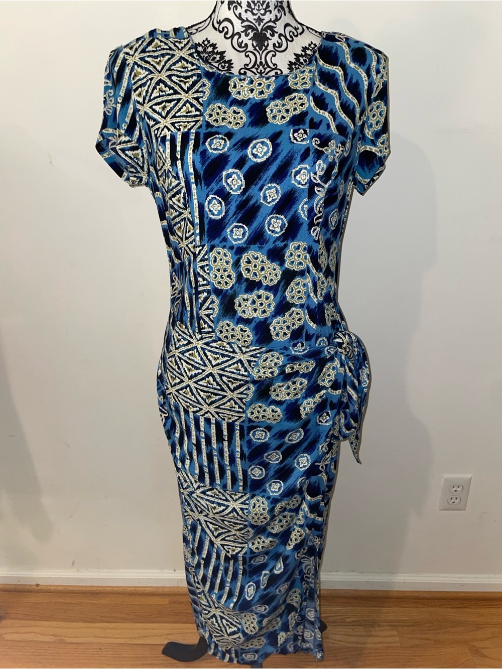 Vintage Maggie Lawrence Aztec Patterned Cap Sleeve Dress Side Tie Size Medium